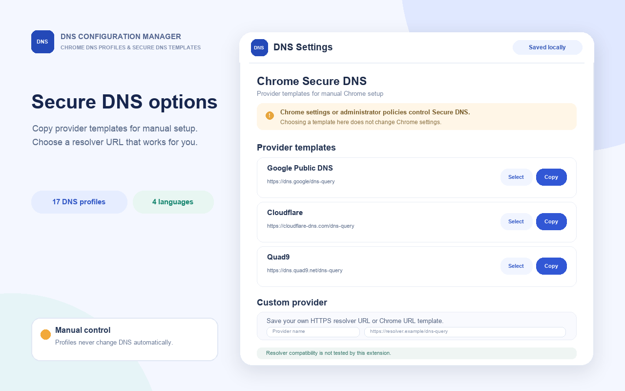 Illustrative Chrome Secure DNS templates interface